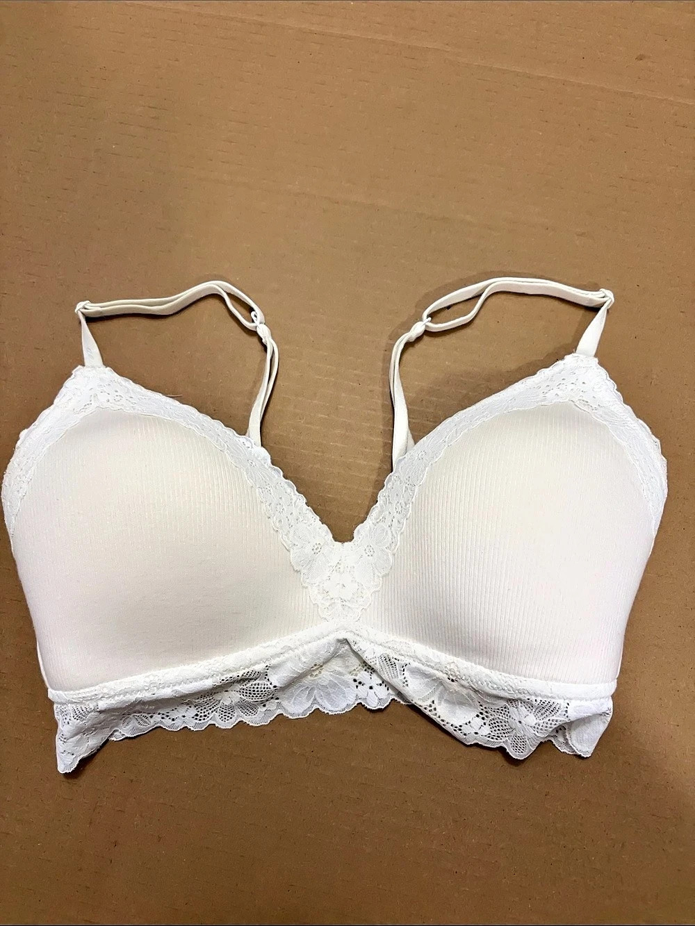 Aerie Lace Longline Real Happy Padded wireless Bralette White 32DD